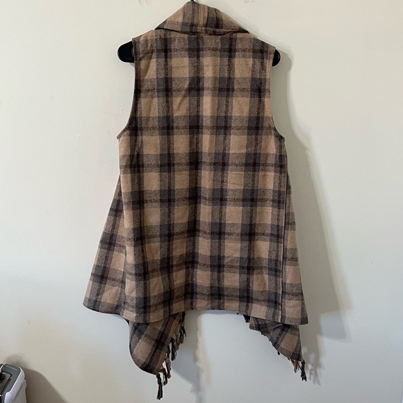 Entro Brown Plaid Fringe Sleeveless Drapey Open Front Wool Blend Vest Size M - Picture 5 of 9
